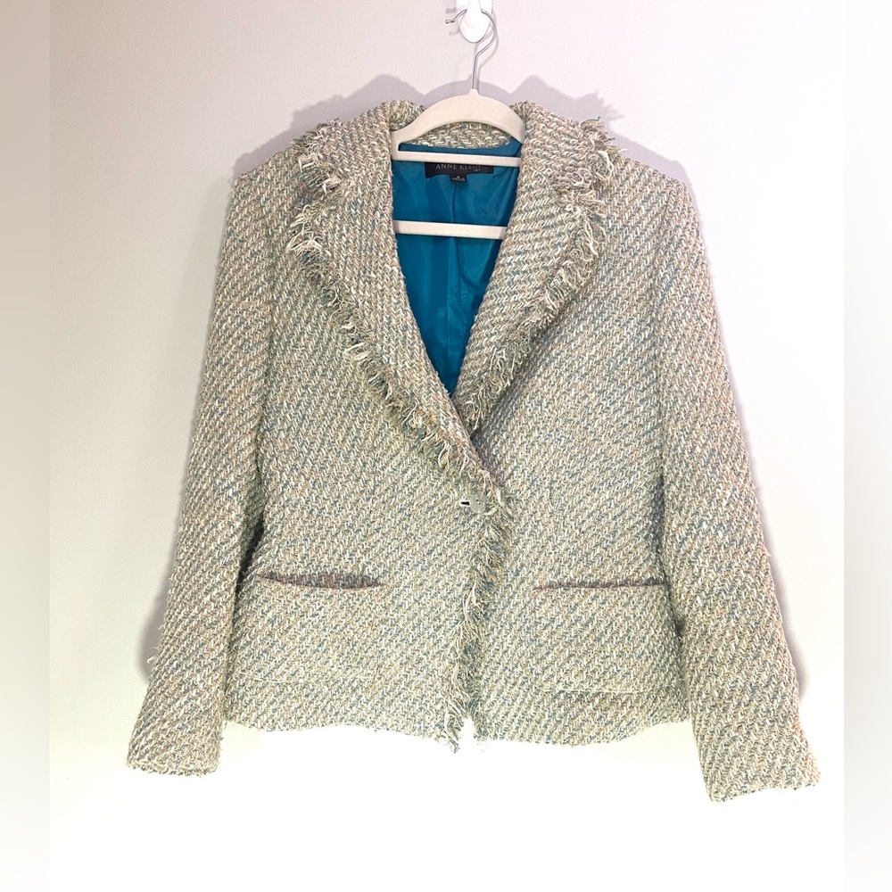 Anne Klein Textured Blazer - Cream and blue tweed Chanel-like femme